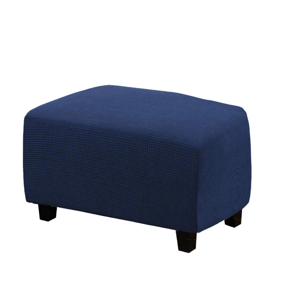 VIENLOVE Rectangle Ottoman Slipcover Polyester Blend Footstool Protector Covers Stretch with Elastic Bottom Feature Textured Machine Washable Jacquard Fabric (Navy, Large)