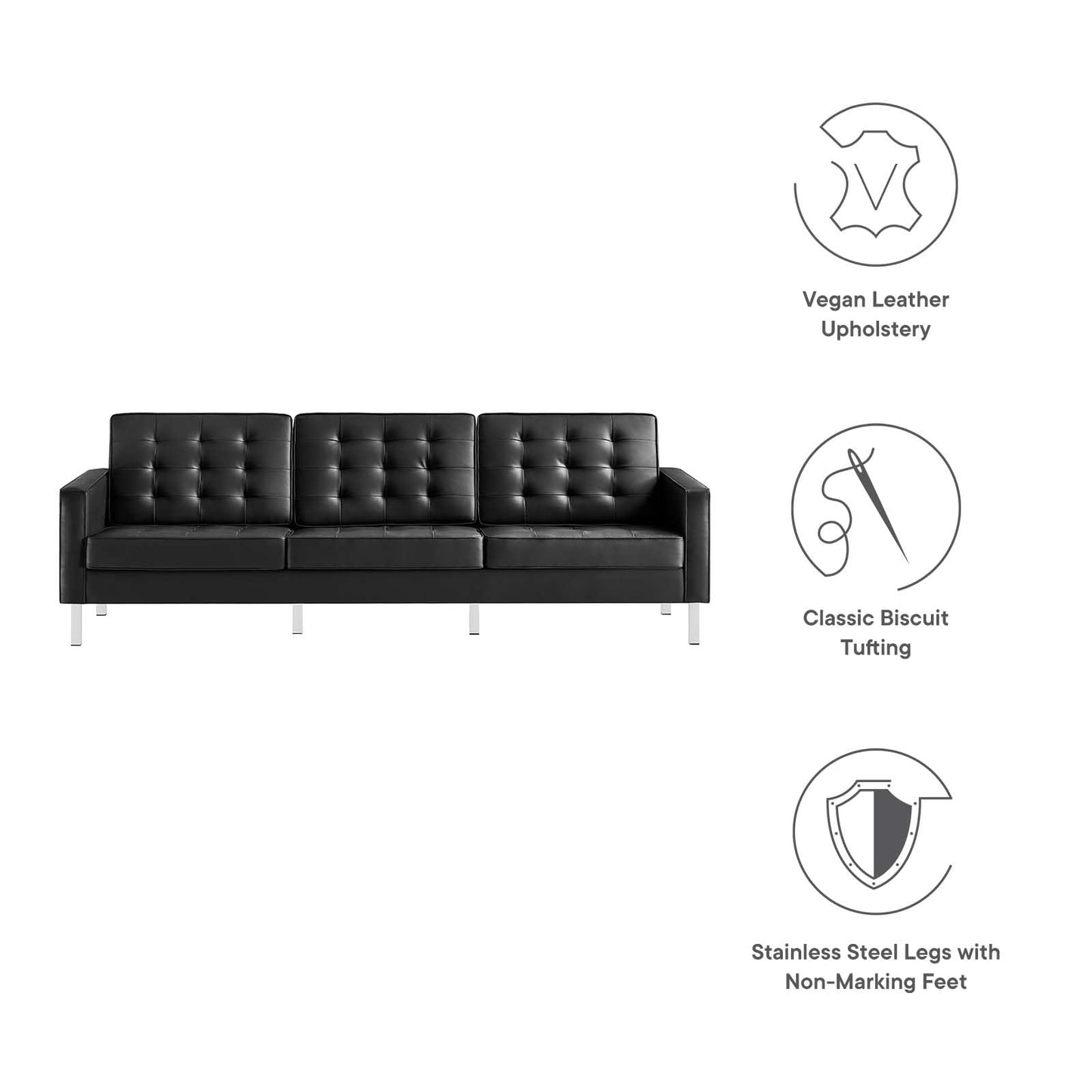 Modway EEI-3385-SLV-BLK Loft Tufted Button Faux Leather Upholstered Sofa in Silver Black