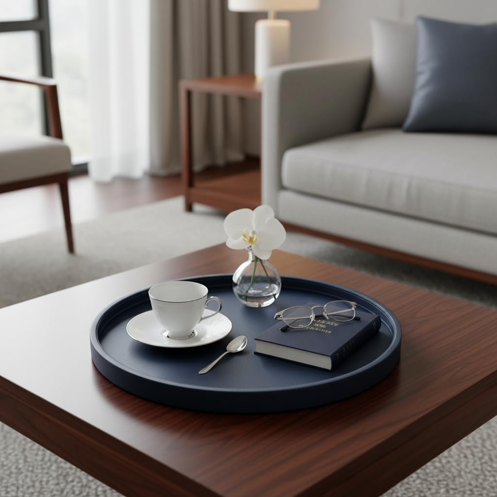 Galopgen 20-inch Round Ottoman Serving Tray - Textured PU Leather Coffee Table Decor, Waterproof Heat-Resistant Large Organizer for Home, Office, Bed & Party Essentials (Navy Blue, 20in)