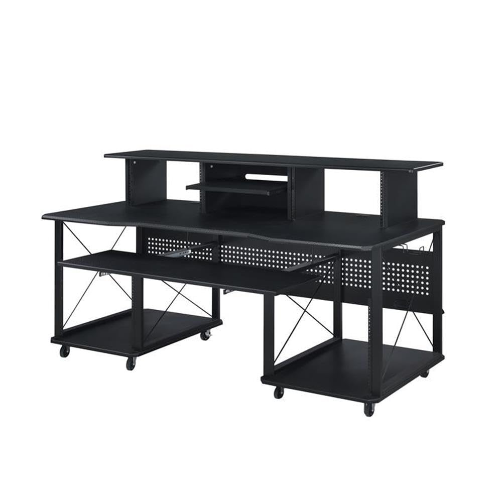 BOWERY HILL Music Desk, 72" L x 30" W x 40" H, Metal and MDF with Black Finish, Shelves and Compartments, Pull-Out Keyboard Tray, Cord Management, Multi-Function Desk for Home Studio or Office Use