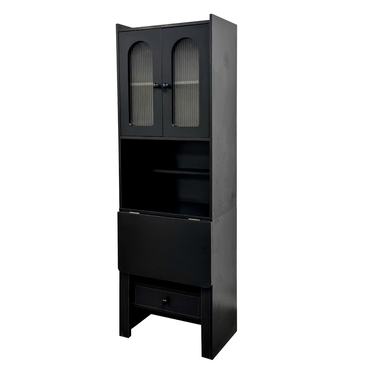 KEIKI Fold-Out Home Office Desks Writing Table with Glass Doors, Drawers, Bookshelf & Storage Shelves, Modern Wooden Convertible Workstation for Work, Study