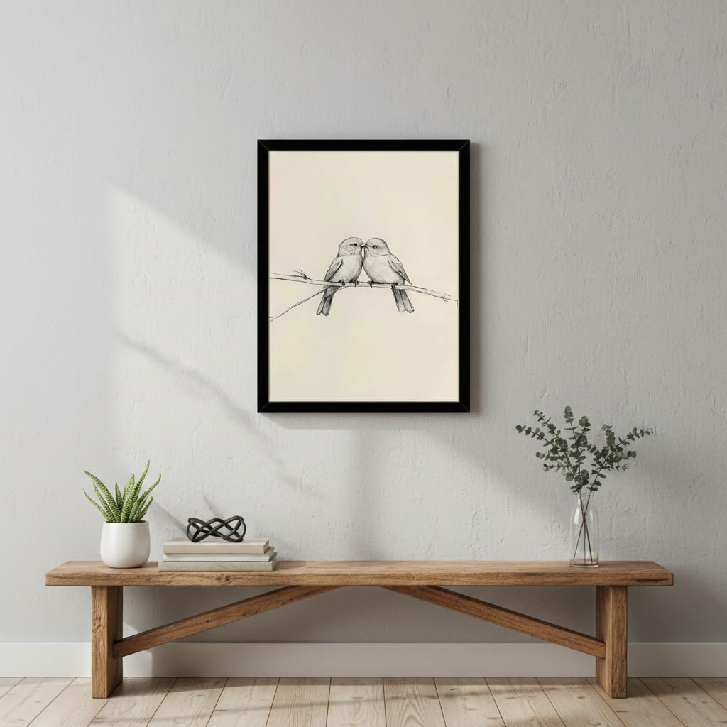 FBBLANG Minimalist Love Birds Wall Art – Neutral Beige Black & White Bird Illustration, Modern Scandinavian Home Decor for Bedroom Living Room Office Bar Black Frame 10 x 8 in