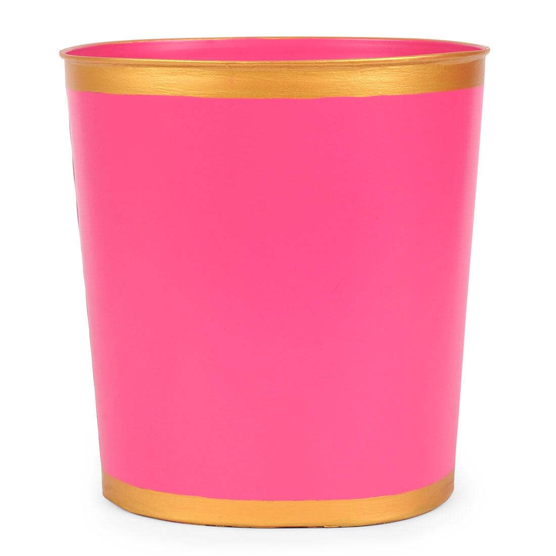 Jaye's Studio Mattie Oval Waste Basket for Bathroom Decorative, Gold Trim & Finish, Hand-Painted, Handcrafted Metal Wastebasket, Garbage Bin & Trash Bin for Bedroom, Office, 12" x 10" x 8" (Pink)