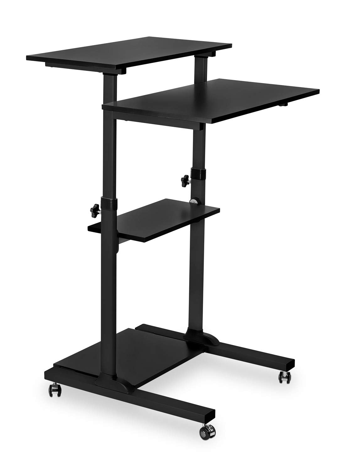 Mount-It! Black Rolling Standing Desk, Adjustable Height up to 54.7", Portable Laptop Podium Desk on Wheels, Mobile Computer Workstation with 4 Shelves 27.5" Wide, Cart for Home Office or Classroom