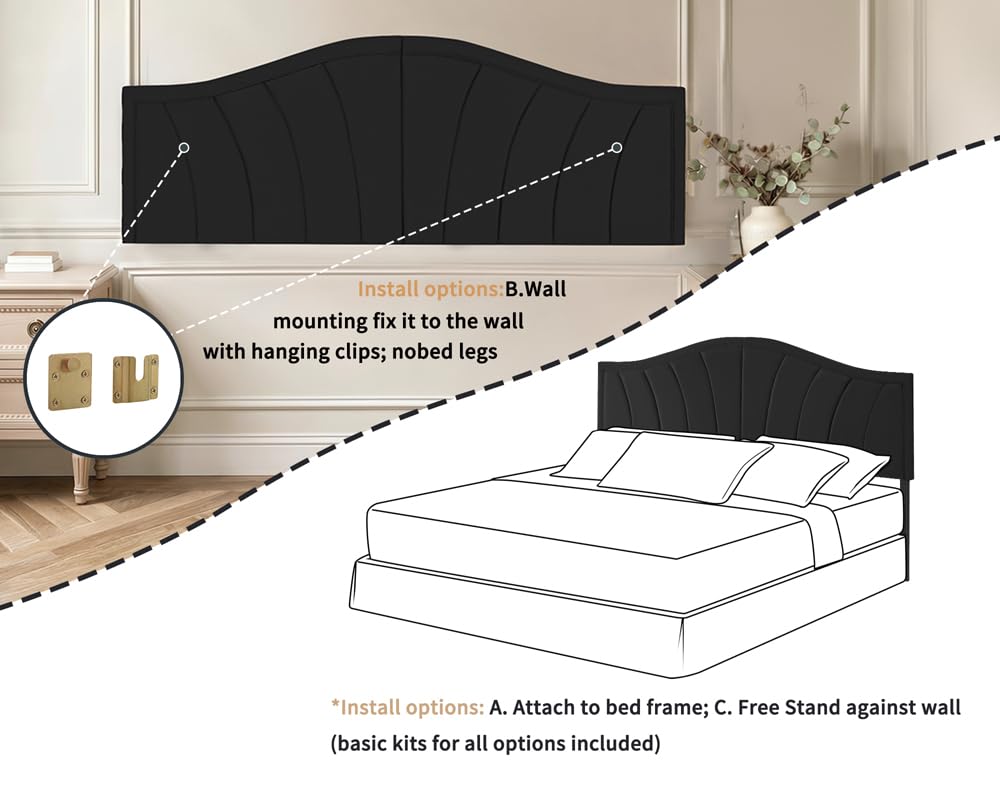 Beyetsea King Headboard Only, Upholstered Head Board King/California King Size, Velvet Headboards for Adjustable Bed Wall Mounted&Bed Frame Mount, Modern Vertical Channel Design Bed Headboard, Black