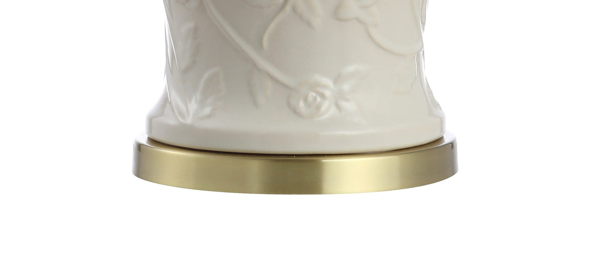 JONATHAN Y 29.5" Cream Ceramic Chinoiserie Table Lamp, Traditional Ginger Jar Lamp for Living Room Bedroom, White Linen Empire Shade, Brass Gold Base, LED Bulb Included JYL6604A