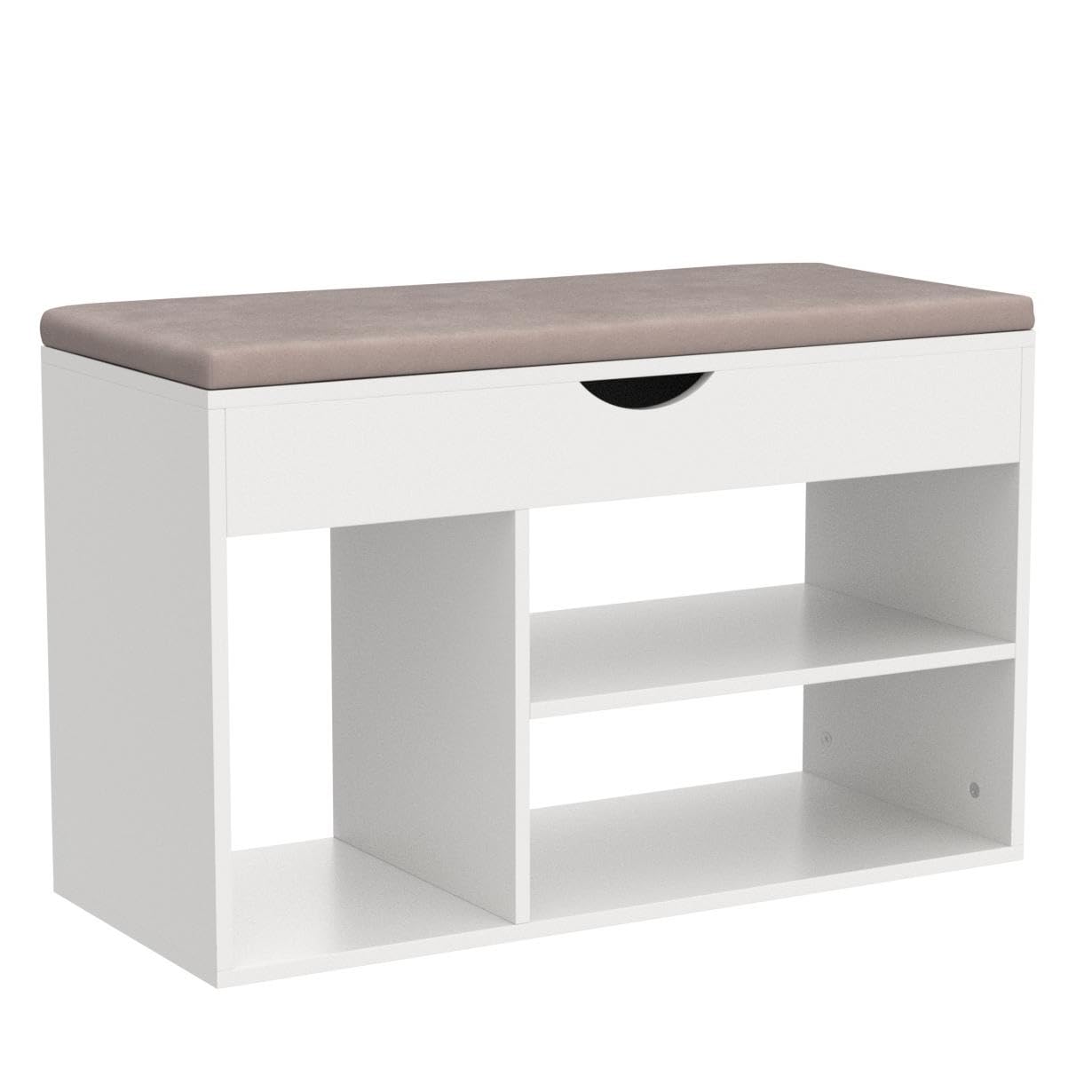 Apicizon 31 Inches Storage Bench with Padded Cushion, Shoe Bench with Storage Space, Upholstered Entryway Bench for Living Room, 2-Tier Shoe Rack Organizer, White