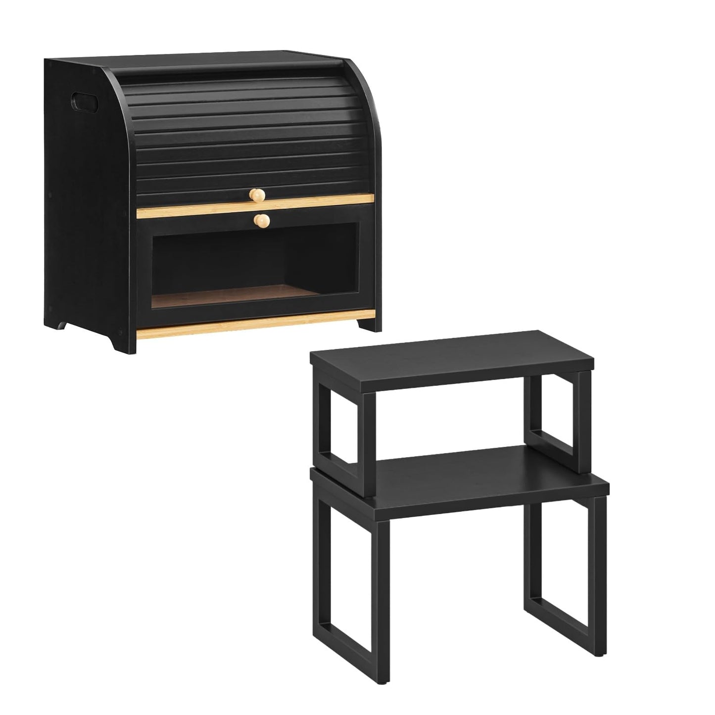 HOOBRO Bread Box and Cabinet Organizer Shelf Bundle, 2 Tier Roll-Top Bread Bin, Set of 2 Kitchen Counter Shelves, for Kitchen, Countertop, Office Desk, BK13MB01-BK20TL01