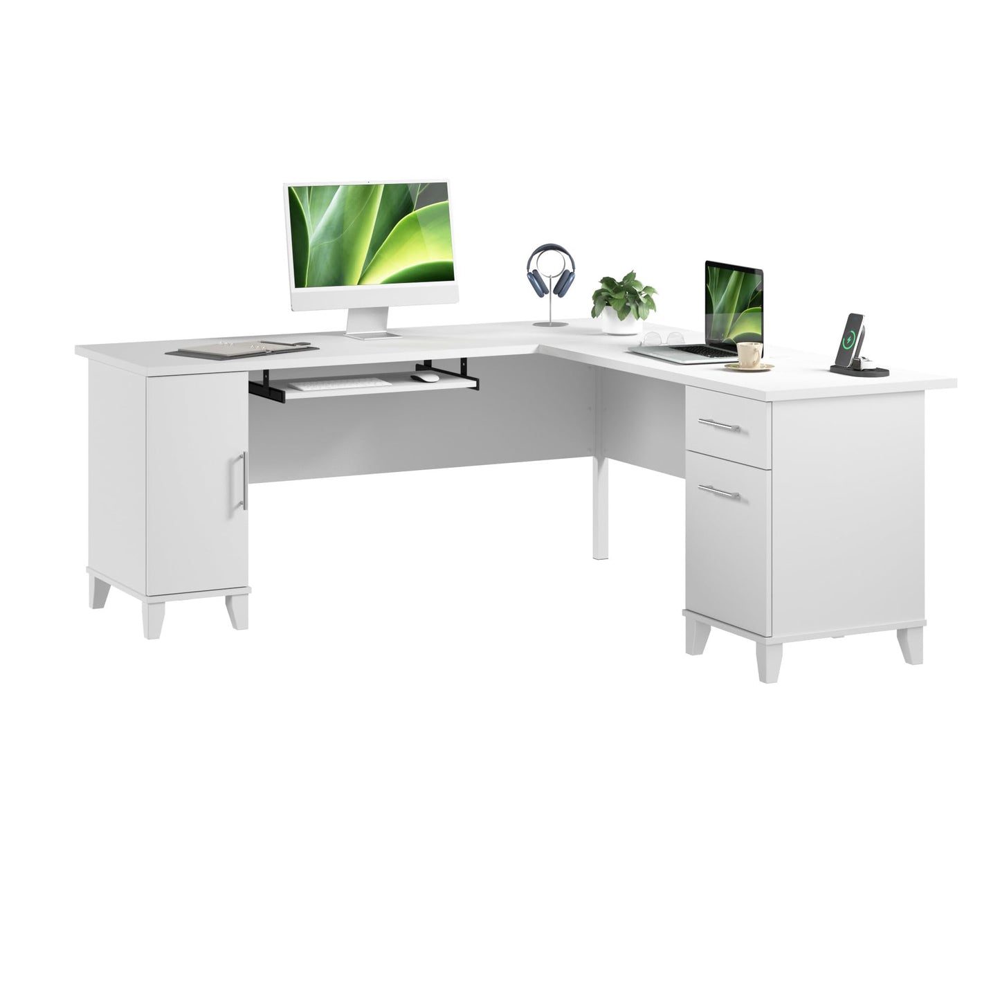 Bush Home 72-Inch L-Shaped Desk with Storage, Corner Computer Office Desk with File and Box Drawers, Home Office Workstation with Storage Cabinet, Somerset Collection, White