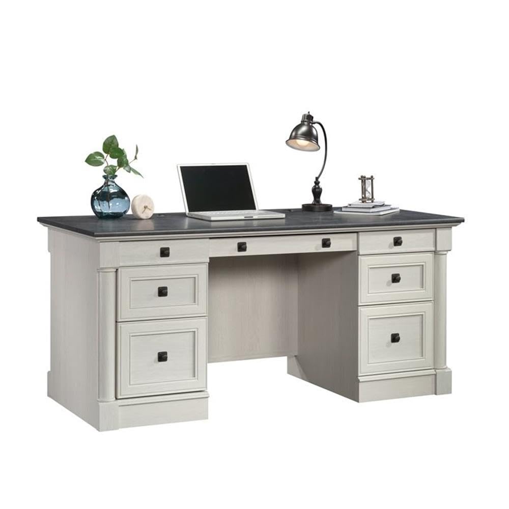 Sauder Palladia Office Desk with Drawers, Executive Desk with File Cabinet Storage, Cable Management, Keyboard Tray, in Glacier Oak Finish