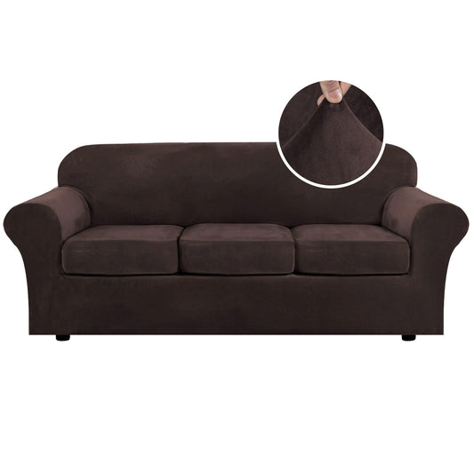 H.VERSAILTEX Modern Velvet Plush 4 Piece High Stretch Sofa Slipcover Sofa Cover Furniture Protector Form Fit Luxury Thick Velvet Sofa Cover for 3 Cushion Couch Width Up to 90 Inch (Sofa,Brown)