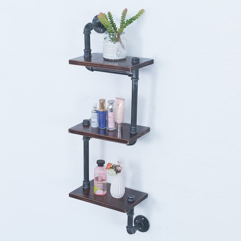 OLDRAINBOW Industrial Pipe Shelving Wall Mounted,11.8in Metal Floating Shelves,Real Wood Book Shelves,Wall Shelf Bookshelf Shelves Bar Shelving(3 Tier)