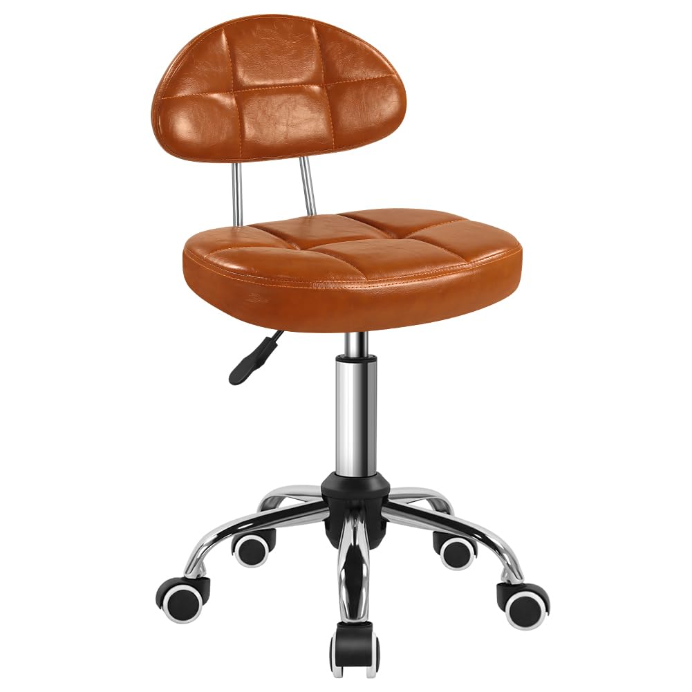 BFTOU Square Minimalist Swivel Stool with Wheel for Work SPA Shop Massage Height-Adjustable and Cost-Effective Rolling Stool Chair with Back (Orange-Brown)