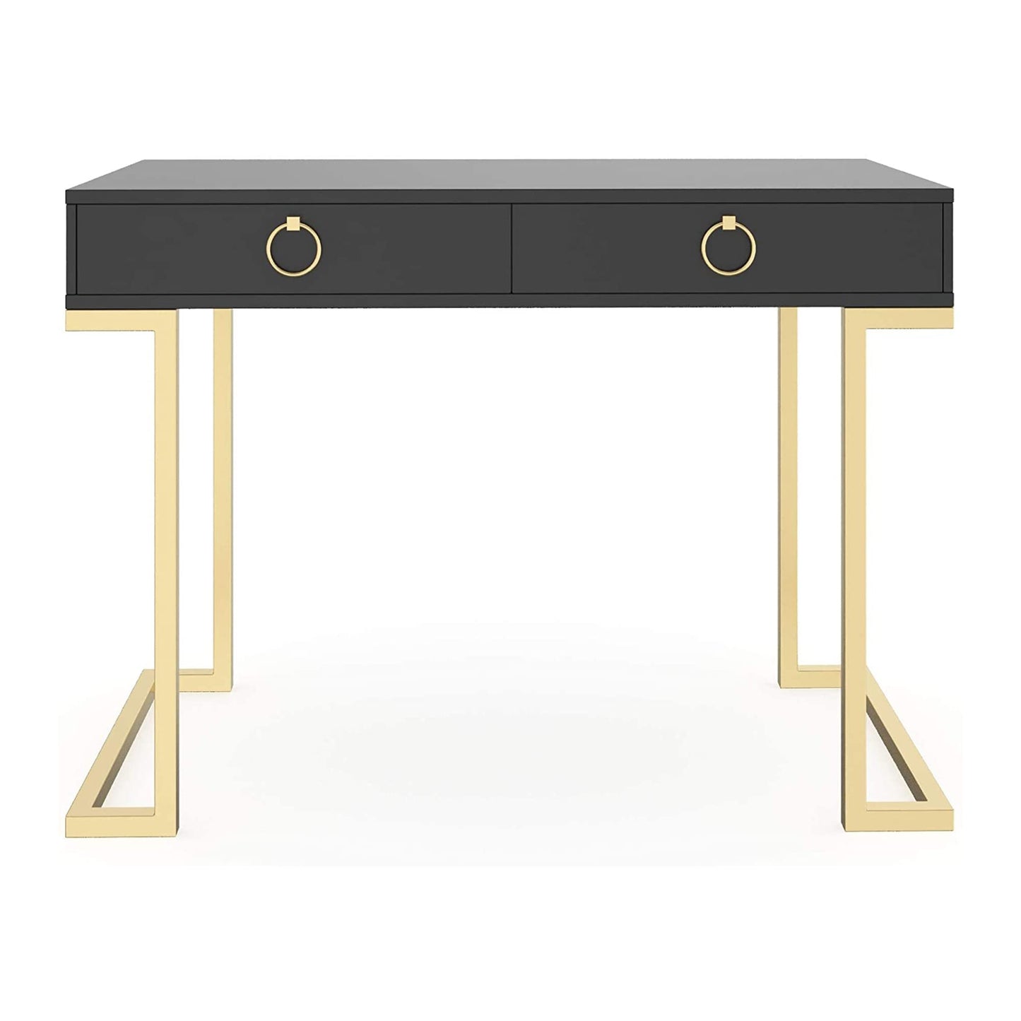 Nathan James Leighton Two-Drawer Writing Glam Accents Brass, Home Office Computer Desk or Vanity Table, 2, Black/Gold