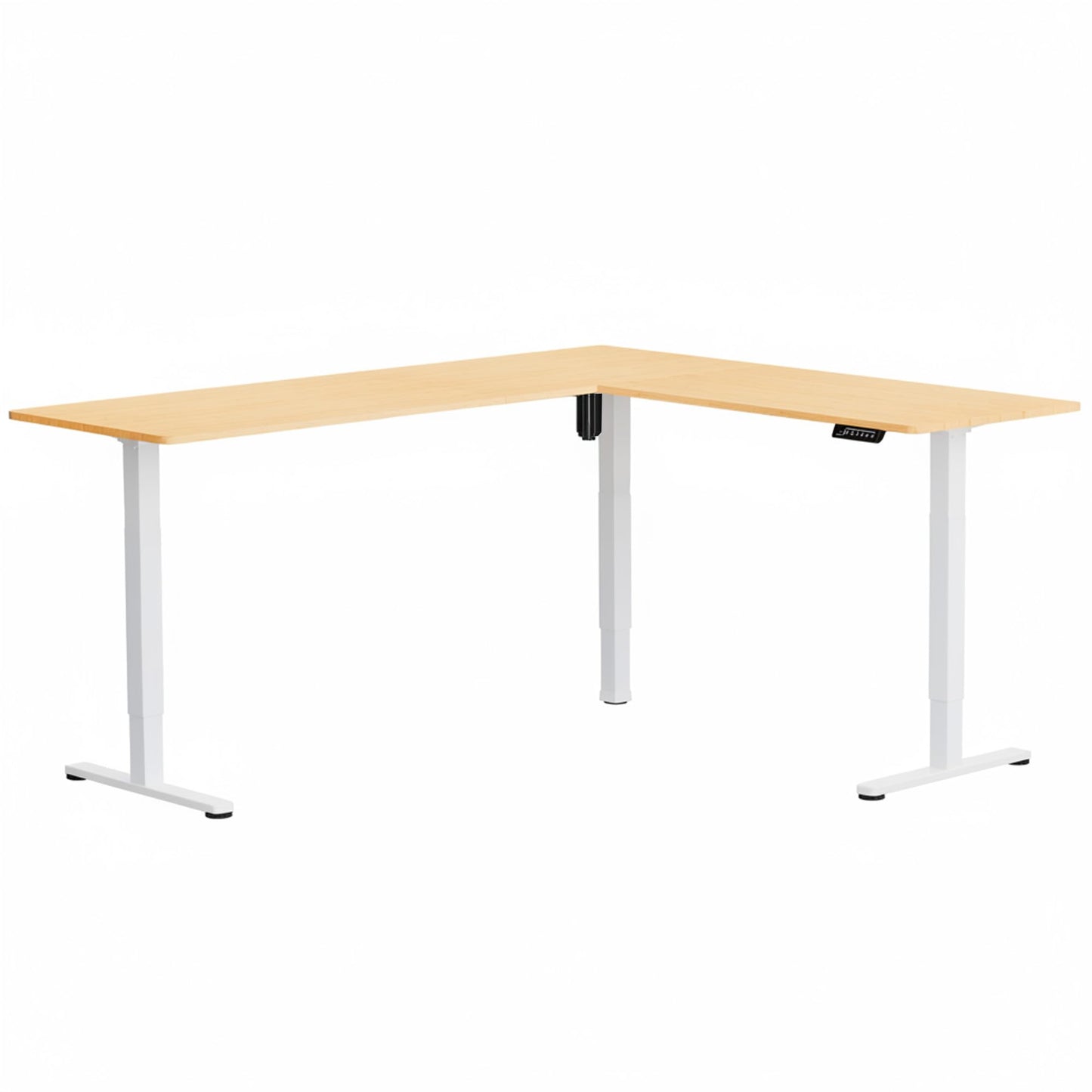 VIVO Corner Standing Desk, 75 x 63 inch Reversible L-Shaped Workstation, Electric Height Adjustment, Home, Office, and Reception Rooms, Real Bamboo Table Top White Frame, DESK-E3CTWO-75
