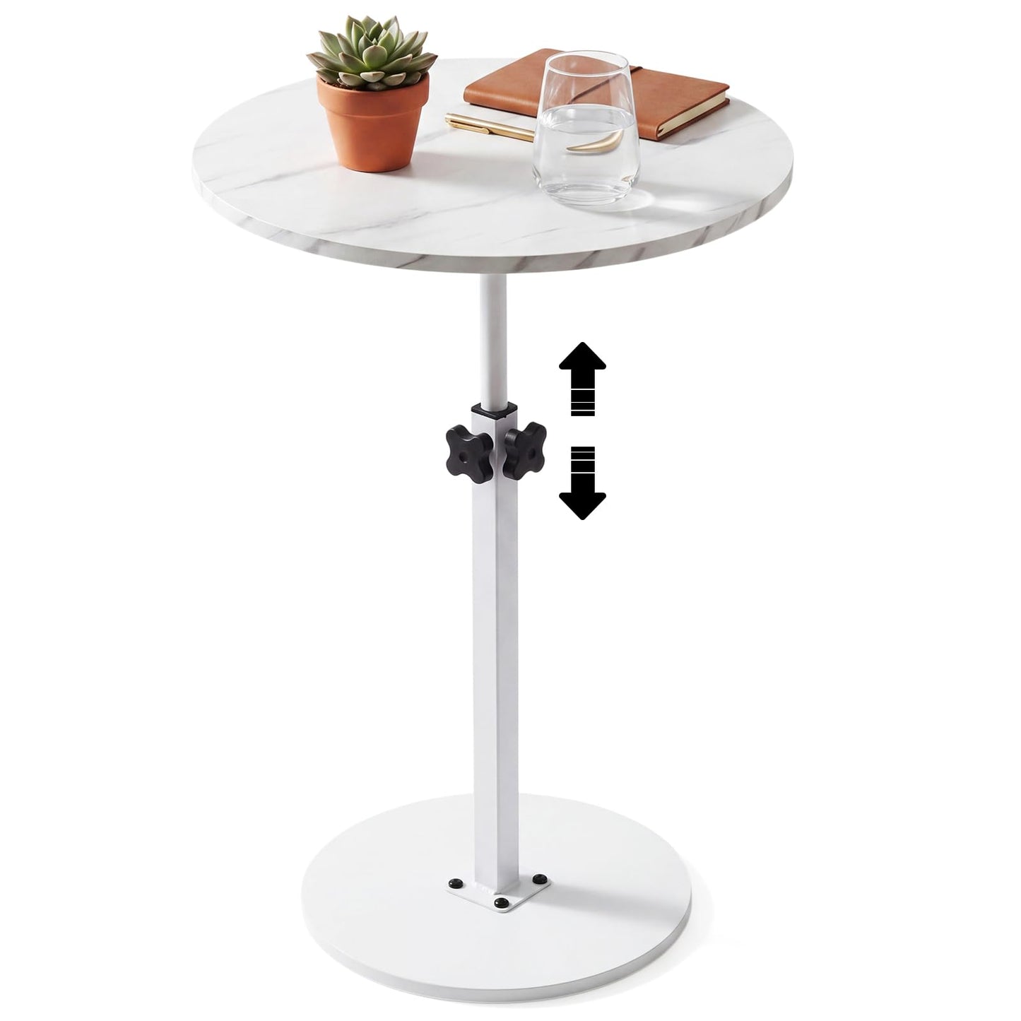 Sintuff Adjustable Height Round Side Table, 15.7" Marble Color Drink Stand with Metal Pedestal Base, White Small Space Martini Table for Living Room, Bedroom, Sofa, Balcony, 18"-30" Tall