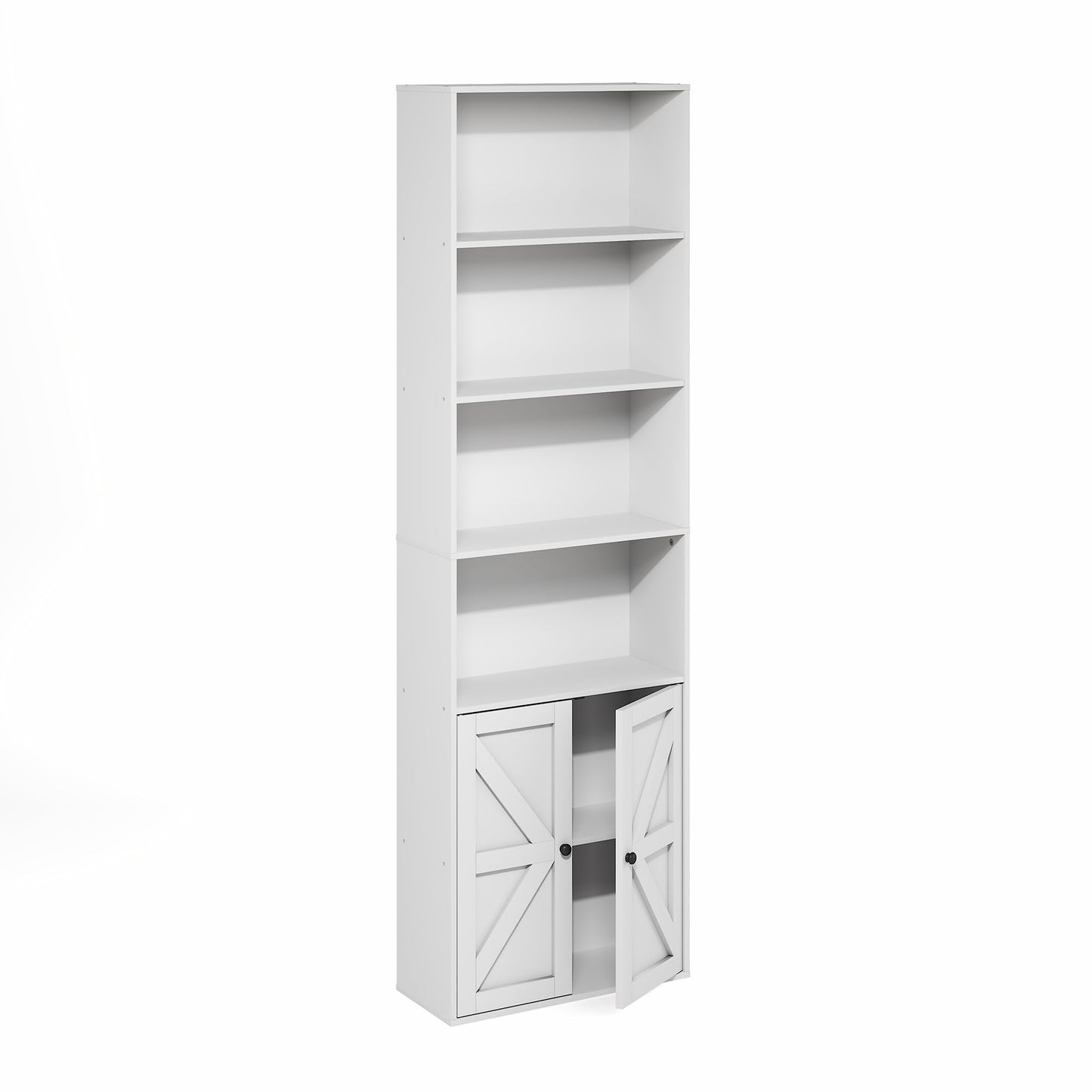 Furinno Jensen Book Shelf, 6-Tier Farmhouse Bookshelf, Display Bookcase with Doors, 9.2" x 21.6" x 71.2", for Organization and Storage, for Living Room, Bedroom, Home Office, White