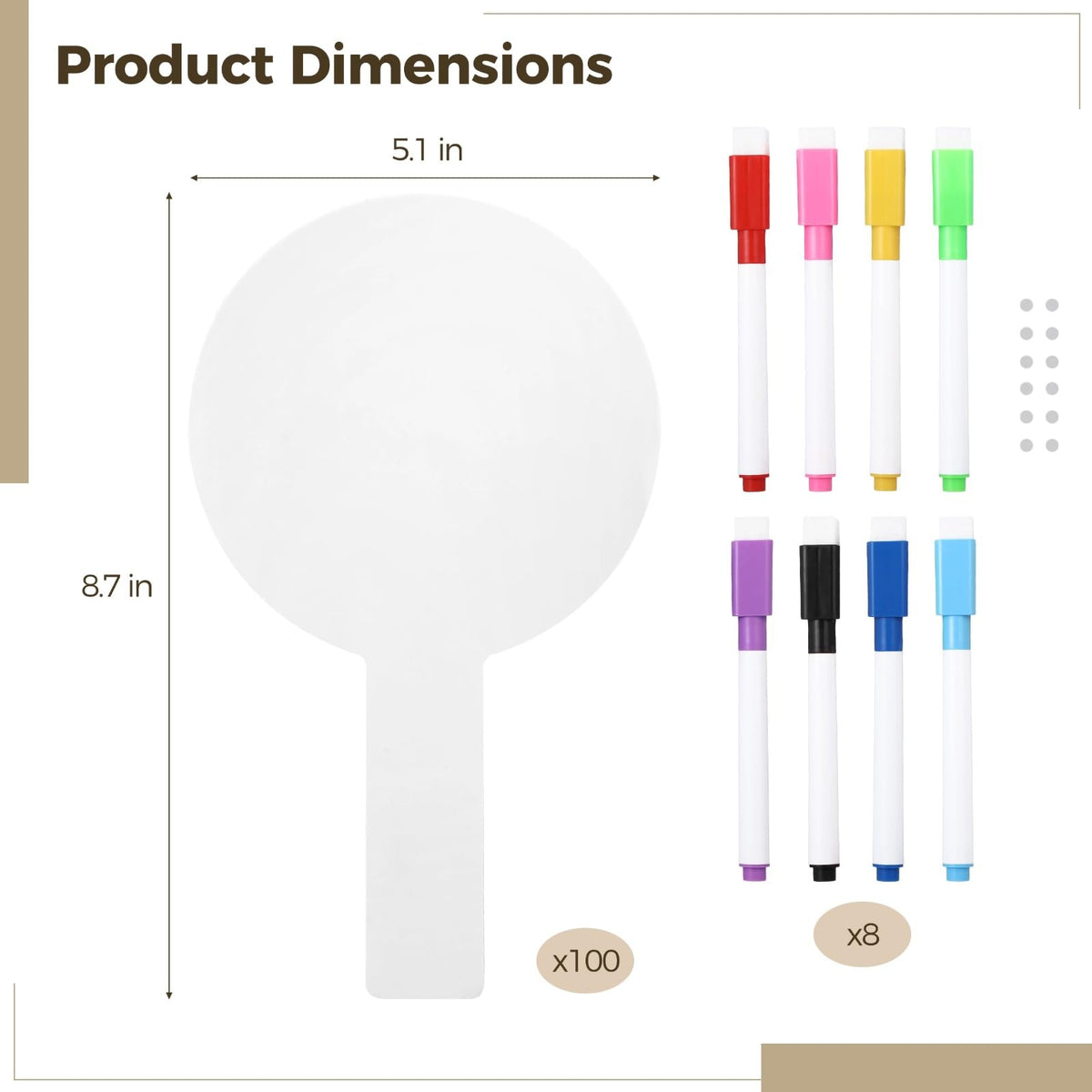 100 Pcs Dry Erase Paddles Set, Includes 8 Markers, Double Sided White Board Answer Paddles for Classroom, Auction, Lightweight and Portable, 8.7 x 5.1 in