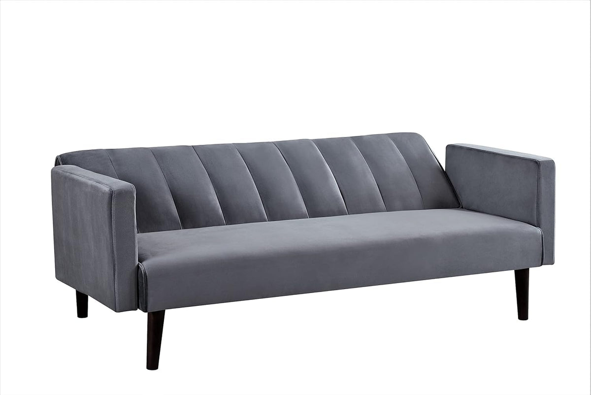 Container Furniture Direct 72" Velvet Convertible Futon Sofa Bed - Full Out Twin Sleeper Couch w/Channel Stitch, Wood Frame & High-Density Foam - Space-Saving for Apartments/Dorms, Grey