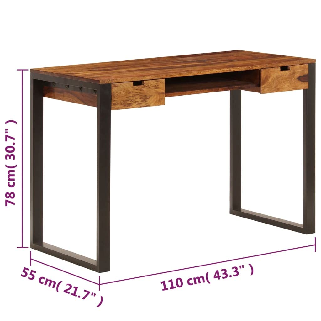 KHNLGFR Solid Acacia Wood Desk with 2 Drawers and Keyboard Shelf, 43.3"x21.7"x30.7" Steel Leg Computer Table for Home Office