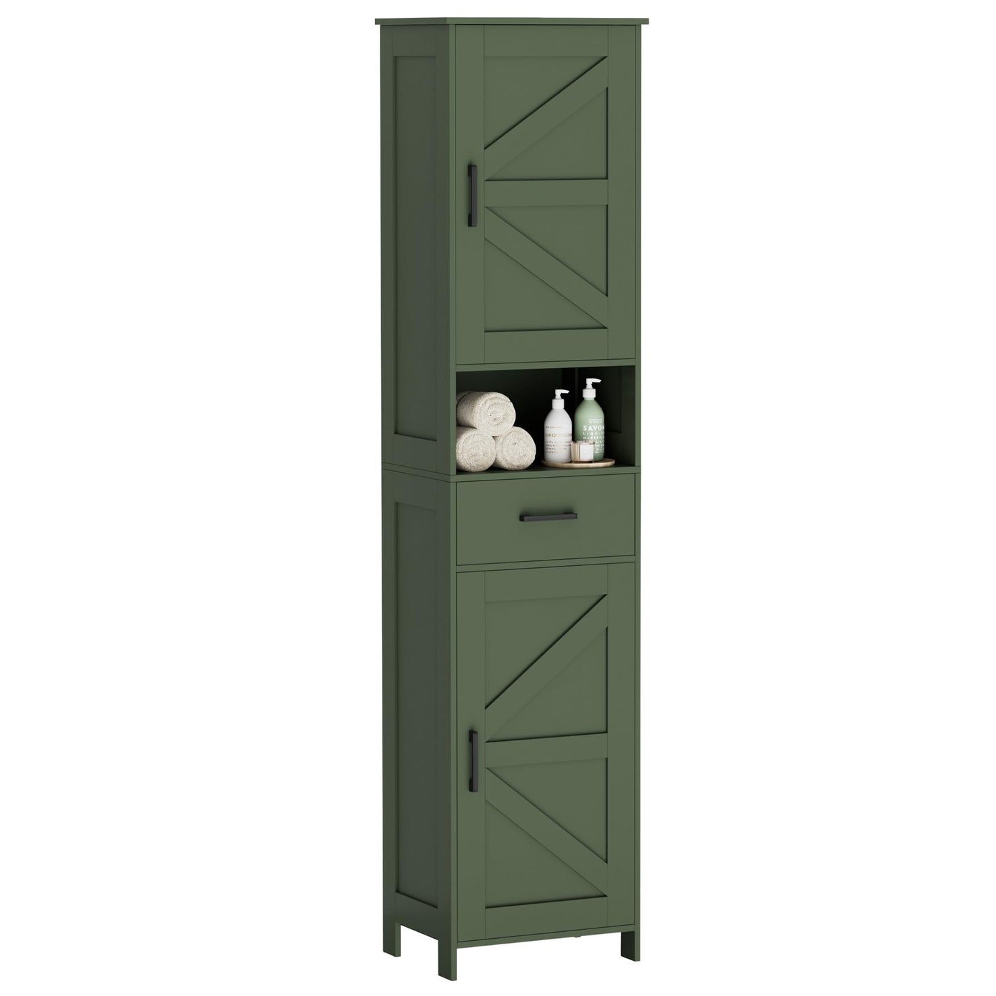 Homhedy 67" H Tall Bathroom Storage Cabinet with 2 Barn Doors and 1 Drawer, Narrow Storage Unit, Adjustable Shelves, Floor Cabinet for Bathroom, Living Room, Entryway, Kitchen, Green, (15.7" W)