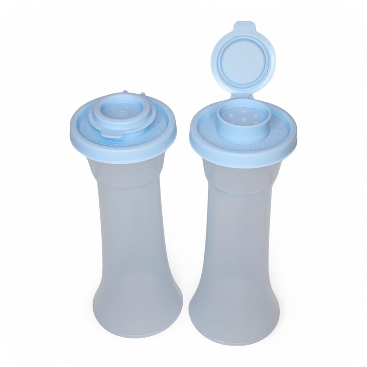 Tupperware Large Hourglass Salt and Pepper Shaker Set Sheer Ice Blue Containers with Ice Blue Seals