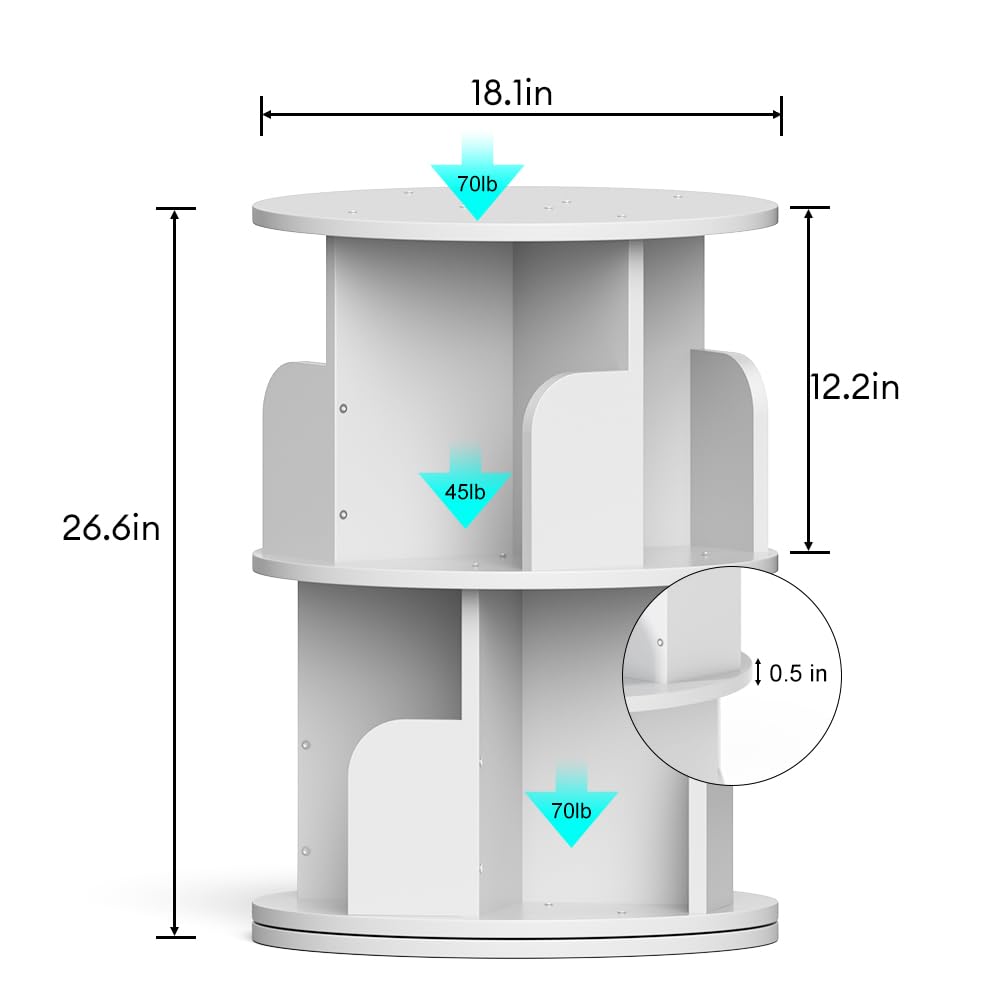 Nidouillet Rotating Bookshelf, Revolving Bookcase 360 Display Round Bookshelf, High-Density MDF Wood Narrow Swivel Corner Book Shelf Standing Bookcase for Adult Bedroom, Living Room (White, 2 Tier)