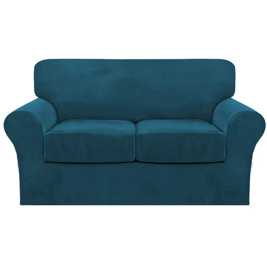 FantasDecor 3 Piece Sofa Covers Velvet for 2 Cushion Couch Stretch Loveseat Slipcover with Individual Seat Elastic Furniture Protector for Pets (Loveseat, Deep Teal)