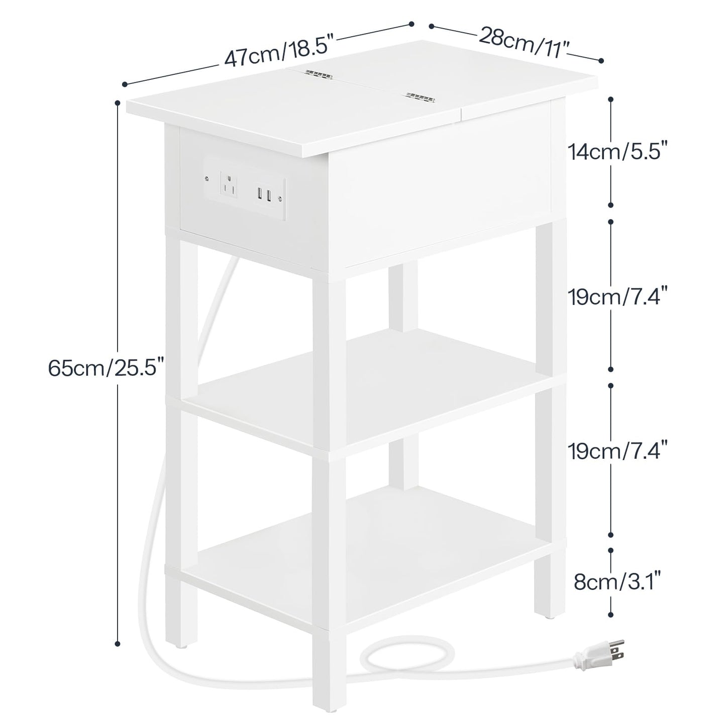 HOOBRO End Table with Charging Station, Flip Top Side Table with USB Ports, Narrow Nightstand Bedside Tables with Storage Shelves, for Small Space, Living Room, White WT141UBZ01