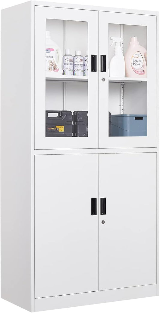 Metal Storage Cabinet with Doors and Shelves, 2 Adjustable Shelves, 4 Doors
