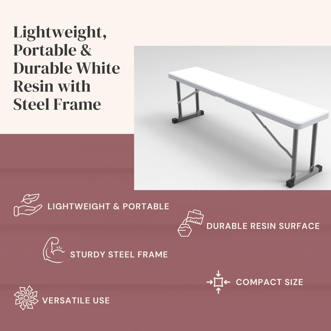New Home Era 2.75ft Plastic Folding Bench – Lightweight and Portable White Resin with Durable Steel Frame, 33”x8”x16” - (Pack of 1, White, 2.75 Feet)