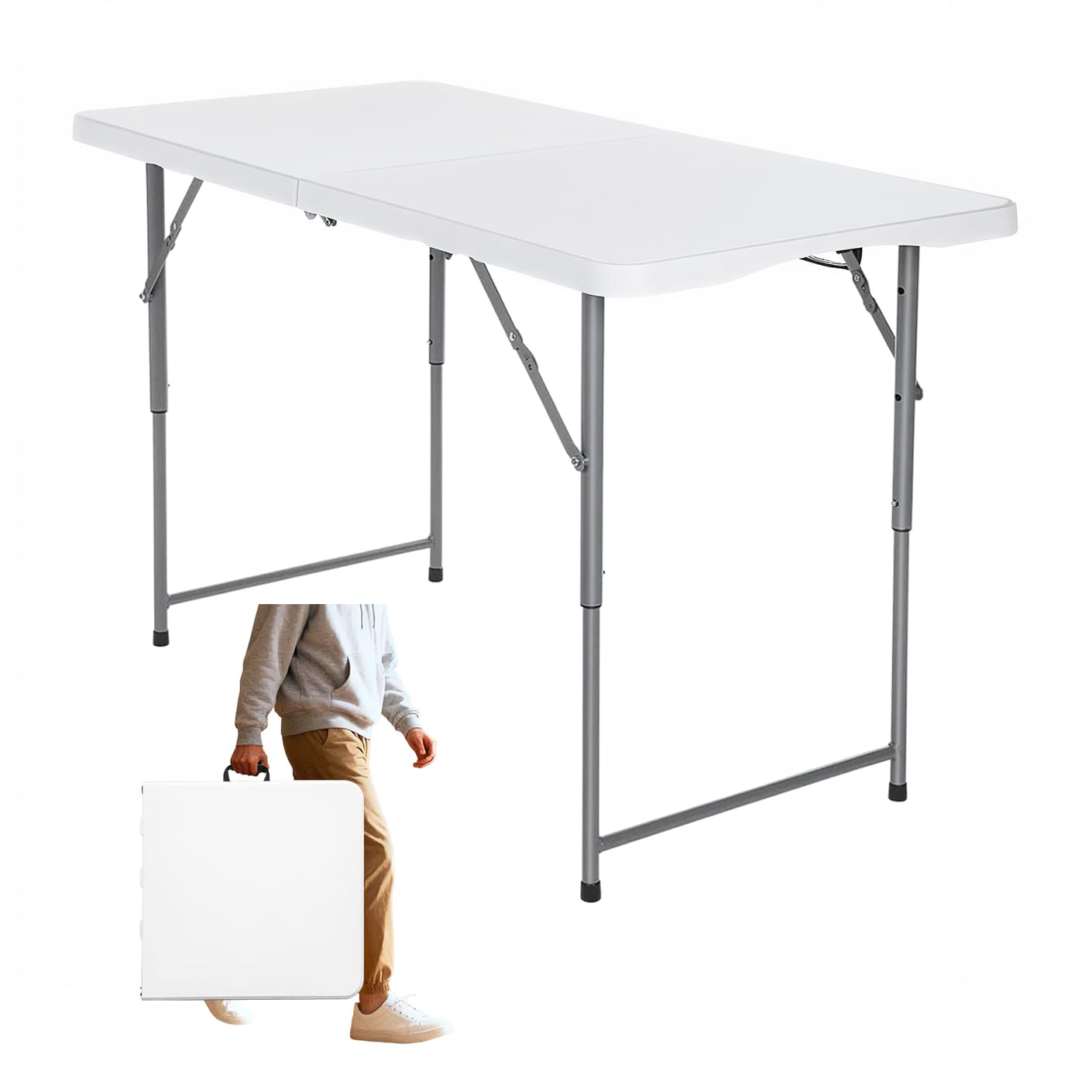 Vampire Killer FoldingTable 4 Foot Portable Heavy Duty Plastic Table and Adjustable Height Folding with Carrying Handle,Indoor Outdoor with Kids Table, Picnic,Party,Camping White