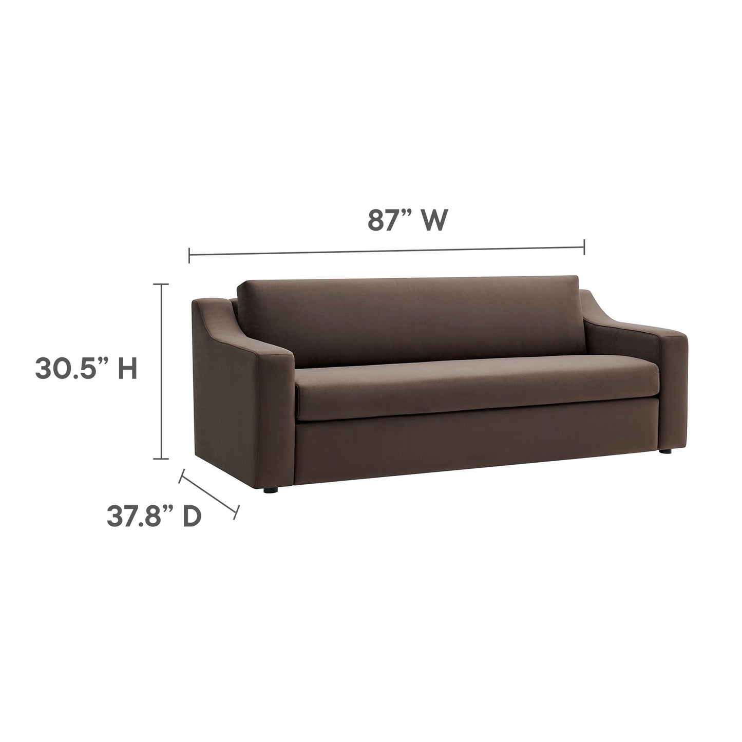 Modway Liora 87 Inch Stain-Resistant Performance Velvet Sofa in Chocolate Brown - 3 Seater Upholstered Sofa Couch for Living Room Seating - Comfy Deep Seat Sofa with Scoop Arms