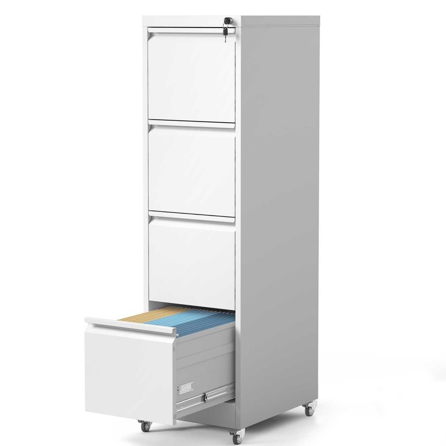 Yukimo 4 Drawer File Cabinet with Wheels, Metal Mobile Filing Cabinets with Lock, Vertical File Cabinet for Home Office, Rolling Storage Cabinet for A4/Letter/Legal Size File, Assembly Required, White