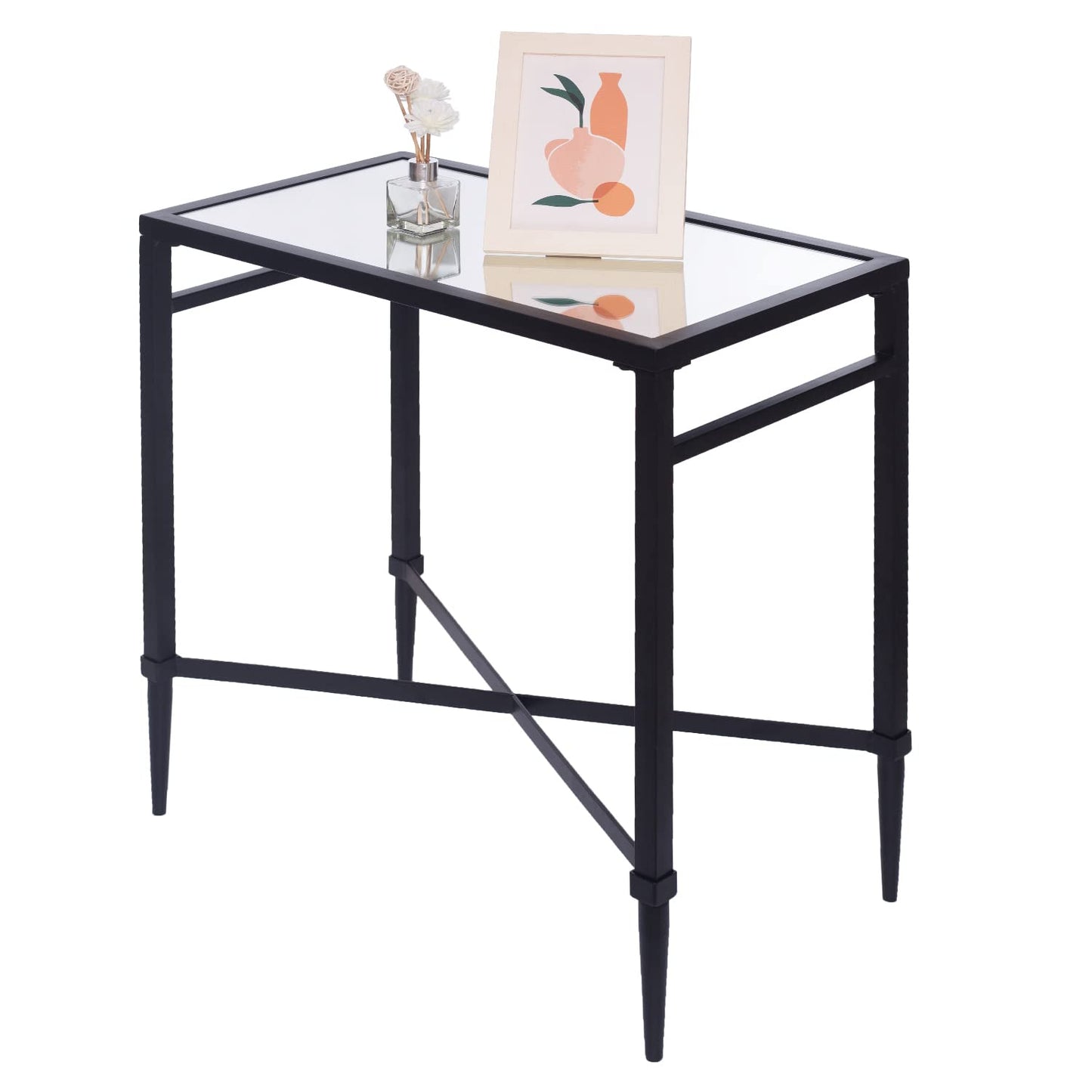 GIFTTROVE Black End Table, Rectangle Side Table with Mirrored Top, Modern Metal End Tables, Small Narrow Side Tables for Living Room, Balcony, 22" L x 12.4" W x 24" D