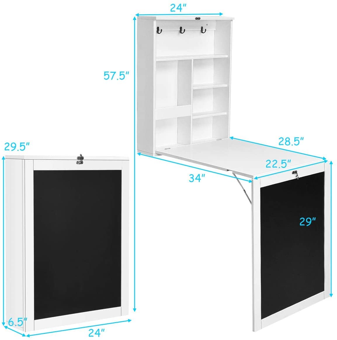 GRAFFY Wall Mounted Folding Desk, Floating Desk with Chalkboard, Multi-Function Wall Mounted Table with Storage Shelves & Hooks, Computer Desk Laptop Workstation Home Office (White)