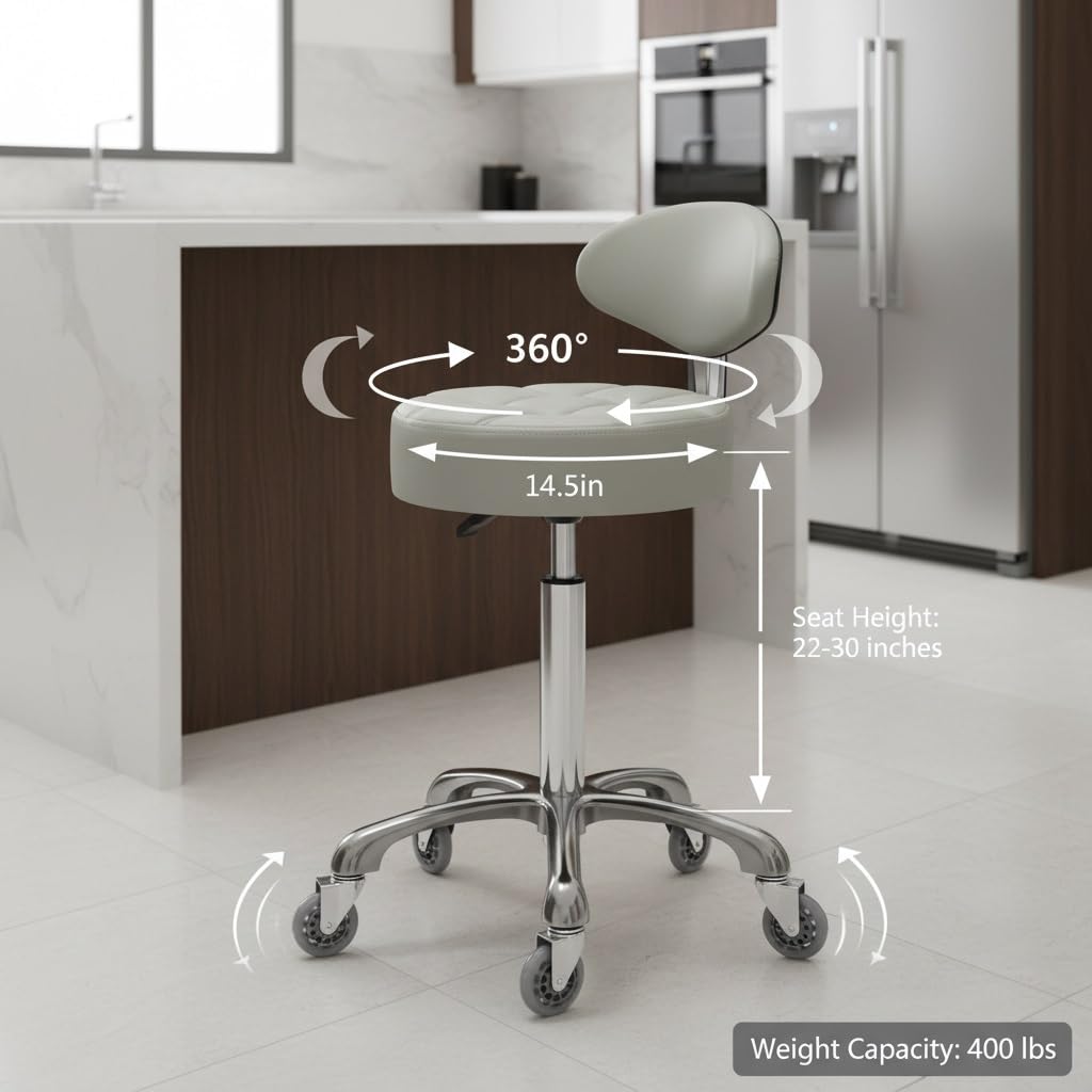 Kaleurrier Swivel Stool Chair Adjustable Height,Heavy Duty Hydraulic Rolling Metal Stool for Kitchen Salon Bar Office Drafting Massage Garage Shop (with Back Rest) (Grey)