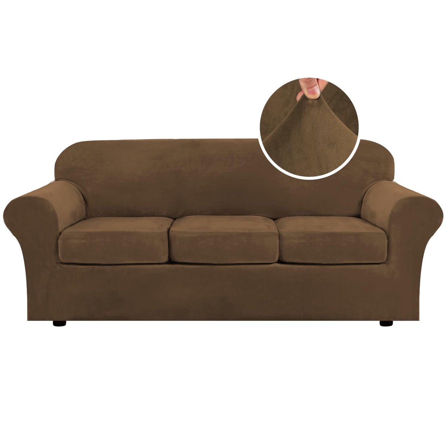 H.VERSAILTEX Modern Velvet Plush 4 Piece High Stretch Sofa Slipcover Sofa Cover Furniture Protector Form Fit Thick Velvet Sofa Cover for 3 Cushion Couch Width Up to 90 Inch (Sofa, Bronze Brown)