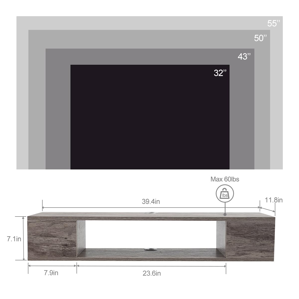 GHC Floating TV Stand, Wall Mounted Entertainment Center and Cabinet Shelf, TV Console with Storage, Media Console for DVD Player, Space-Saving Under TV Shelf for Bedroom, Living Room (Grey)