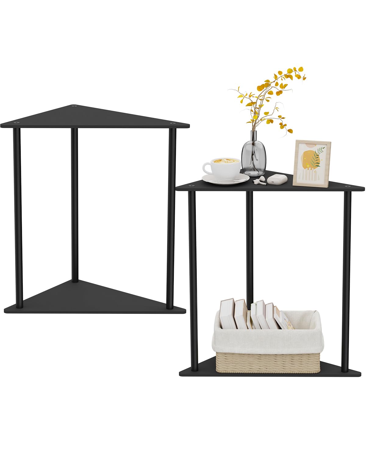 Yawinhe Metal Side Table,Small End Table with 2-Tier Storage Shelves,Nightstand for Small Spaces,Modern Tiered Triangle Coffee Table, Used for Living Rooms, Bedrooms,Black,2 Pack, SZJ202B-2