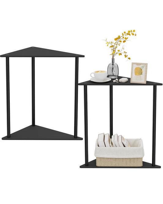 Yawinhe Metal Side Table,Small End Table with 2-Tier Storage Shelves,Nightstand for Small Spaces,Modern Tiered Triangle Coffee Table, Used for Living Rooms, Bedrooms,Black,2 Pack, SZJ202B-2