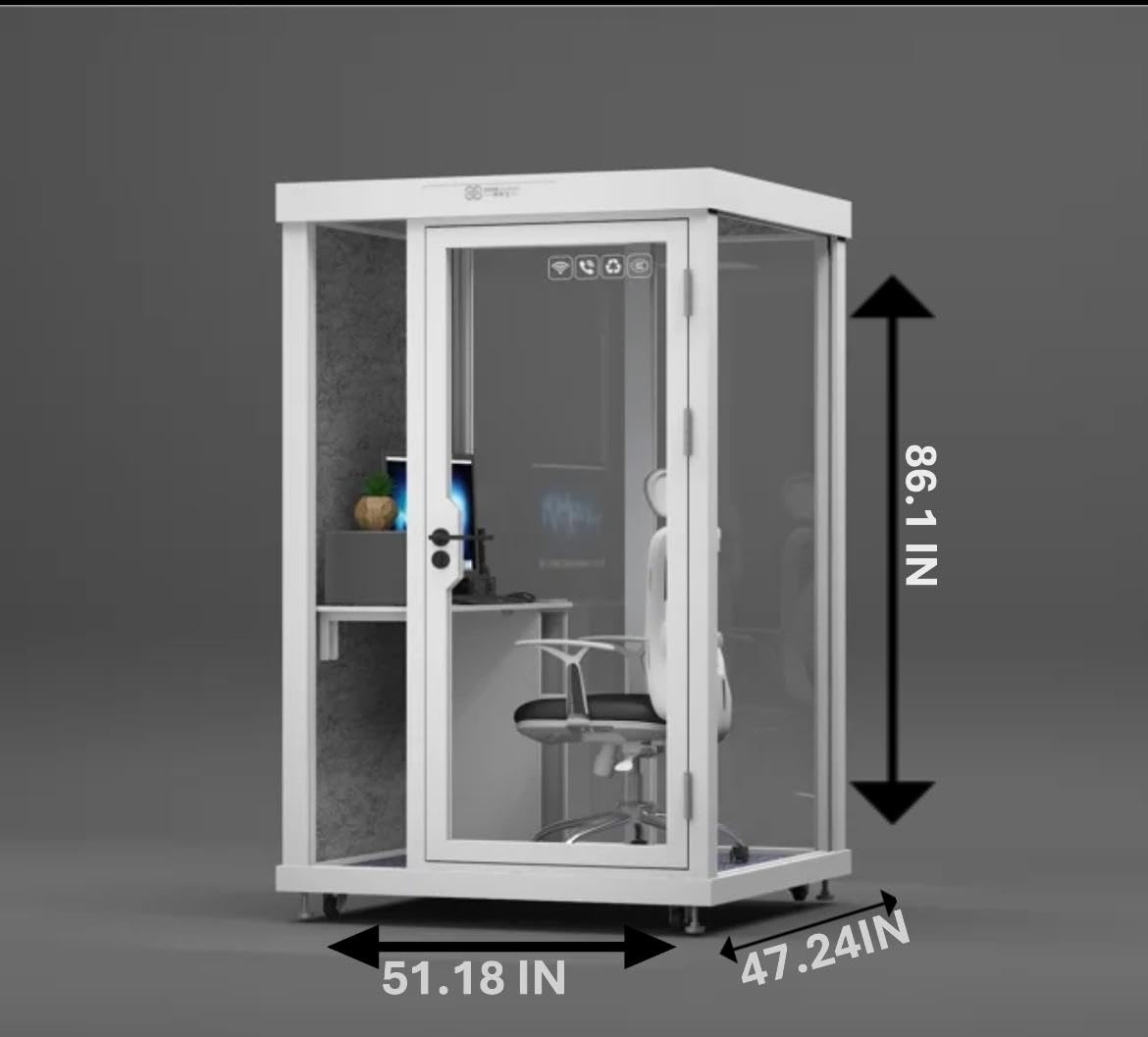 Soundproof Office Pod, 3-Sided Glass Design, Portable Private Workspace with LED Light, Fans, USB Port, White