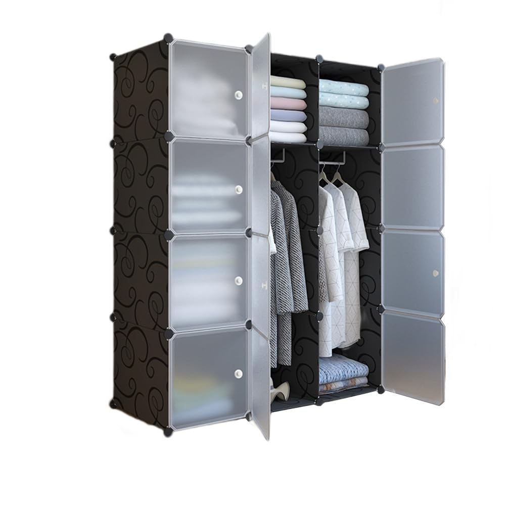 GarveeLife Wardrobe DIY Storage Cabinet for Hanging Clothes Storage for Kids with 12 Cubes 2 Hanging Rods 111 x 47 x 147 cm Black