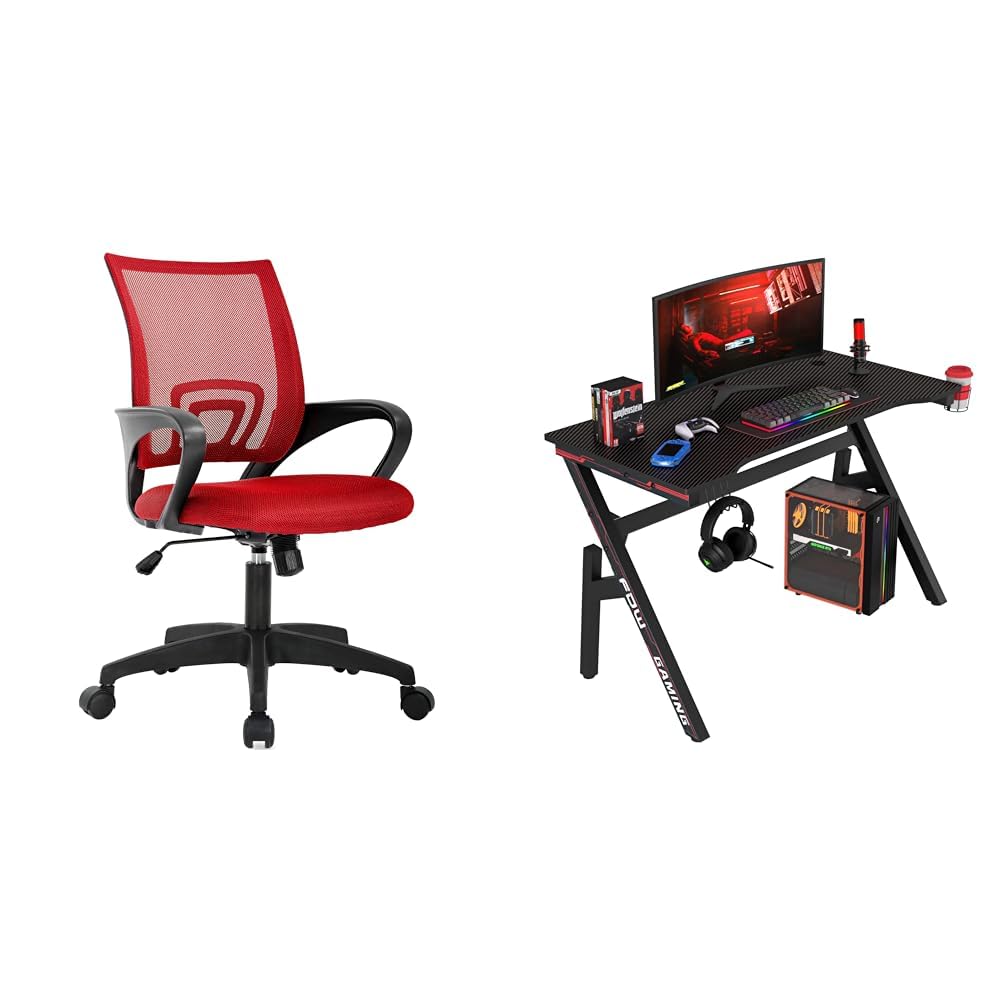 Home Mesh Office Chair and 47 Inch Gaming Desk with Carbon Fiber Table for Computer Gamer Workstation