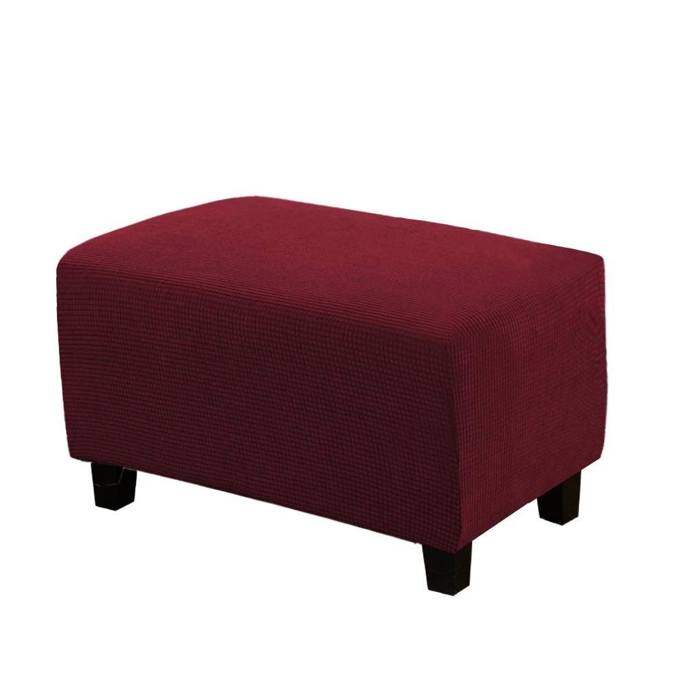 VIENLOVE Rectangle Ottoman Slipcover Polyester Blend Footstool Protector Covers Stretch with Elastic Bottom Feature Textured Machine Washable Jacquard Fabric (Burgundy, Large)