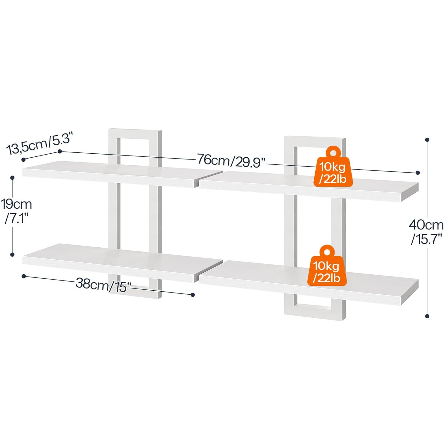 HOOBRO Floating Shelves, 15 Inch Wall Shelf Set of 2, Wall Mounted Storage Shelves 2-Tier, Hanging Bathroom Shelves, for Living Room, Bedroom, Bathroom, Kitchen, White WW32BJ01