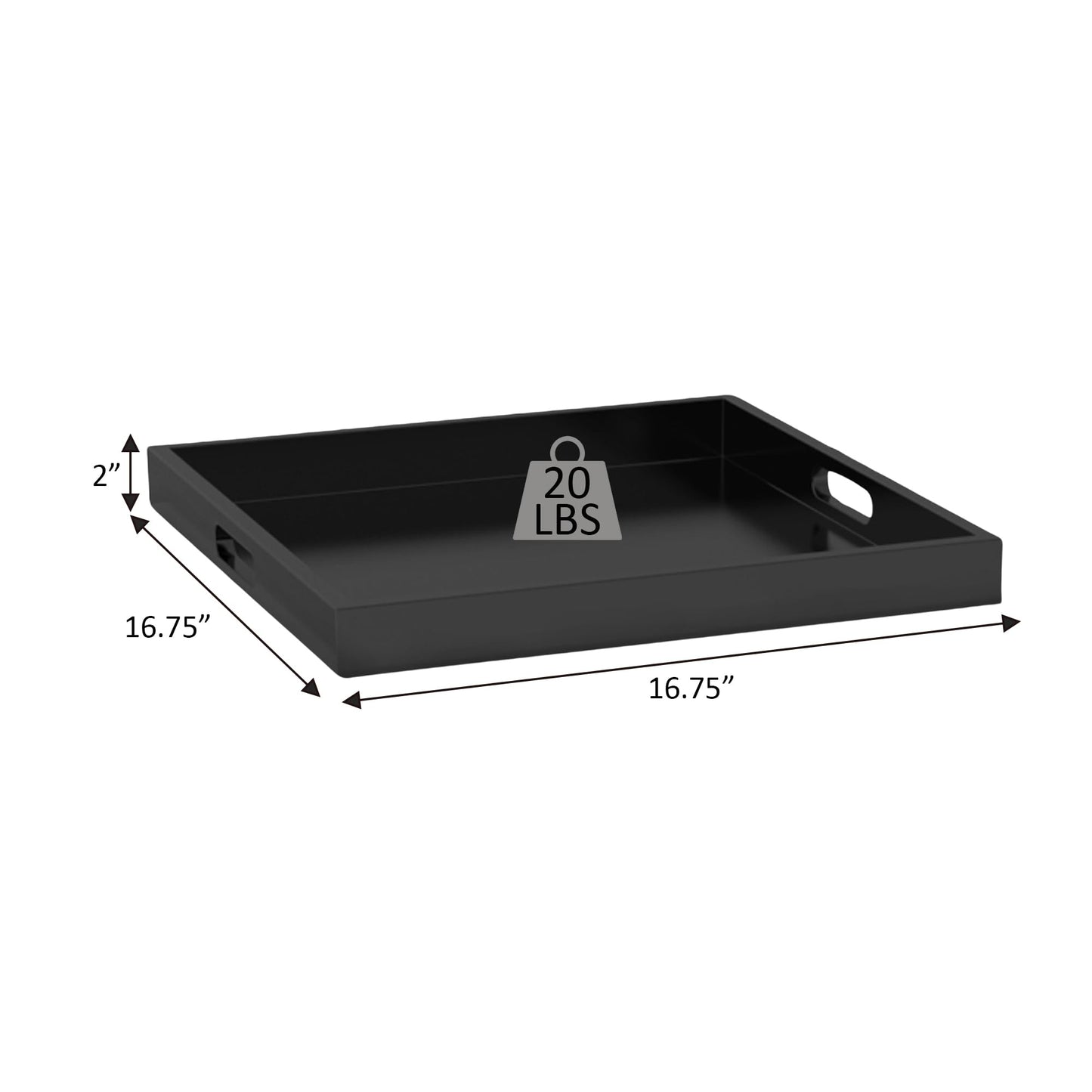 Convenience Concepts Palm Beach Serving Tray 16.75" - Kitchen & Living Room Square Wood Decorative Tray with Handles, Ottoman Accent Tray, Coffee Table Tray, Counter Organization & Storage, Black