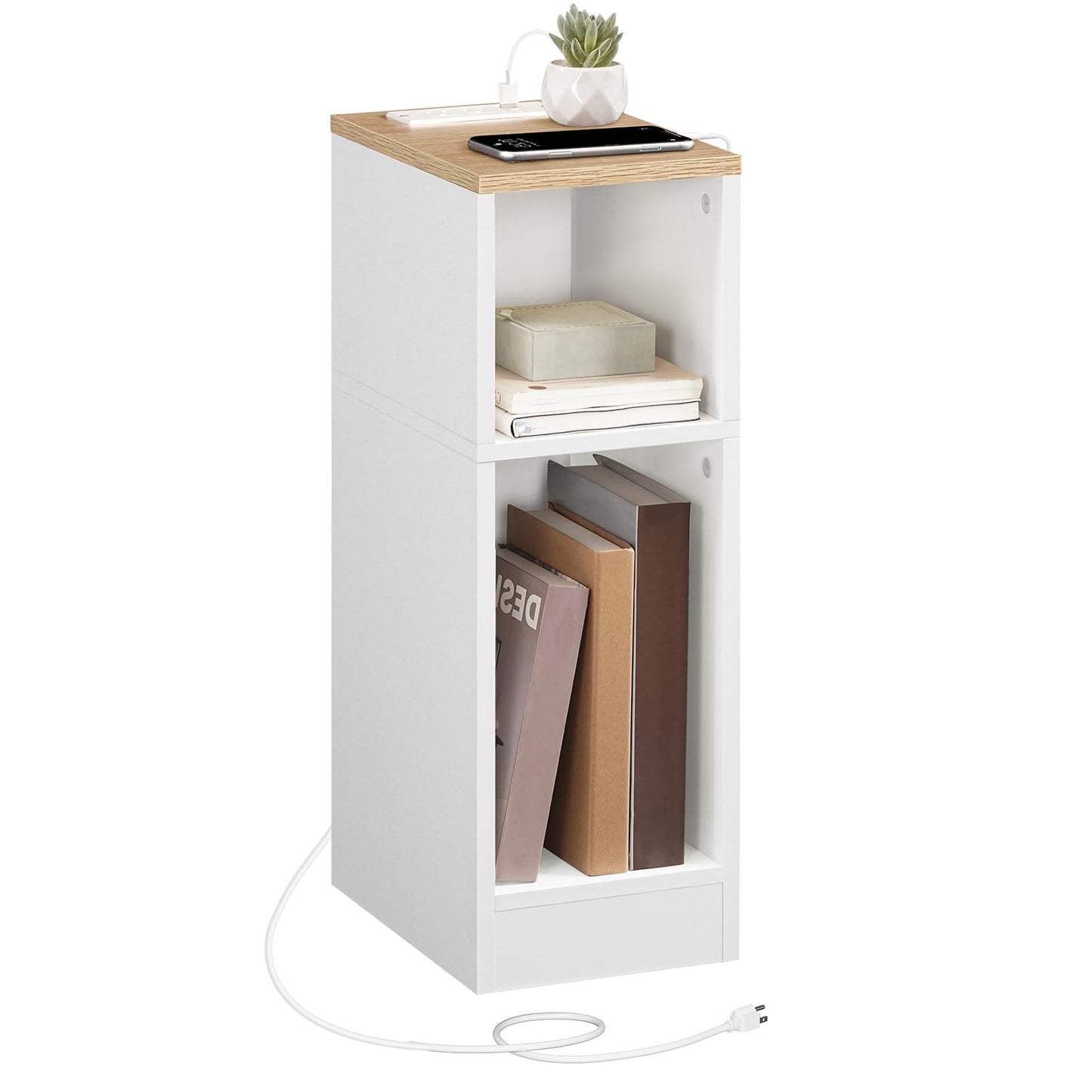 MAHANCRIS Narrow Nightstand, Narrow End Table with Charging Station, Skinny Bedside Table for Small Spaces, Mid Century Modern Night Stand for Bedroom, Living Roon, Natural and White ETNW30E01