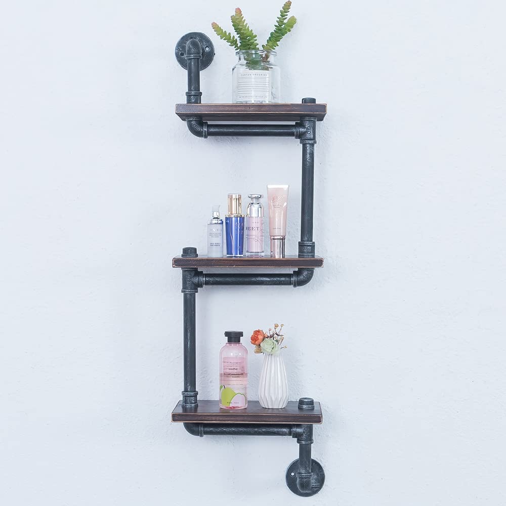 OLDRAINBOW Industrial Pipe Shelving Wall Mounted,11.8in Metal Floating Shelves,Real Wood Book Shelves,Wall Shelf Bookshelf Shelves Bar Shelving(3 Tier)