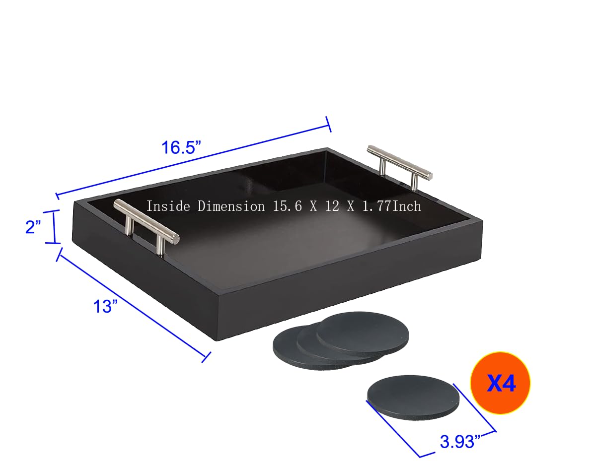 Juleduo Serving Tray 16.5“X 13“Deluxe Wooden Ottoman Tray for Coffee Table with Polished Silver Metal Handles and 4 Coasters, Living Room Bathroom Coffee Bar Organizer Modern Decorative Black